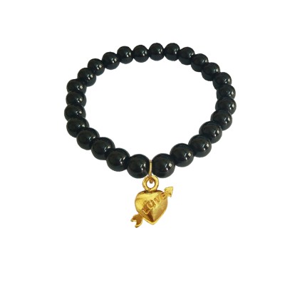 Love Heart Charm Black Onyx Beads Bracelet